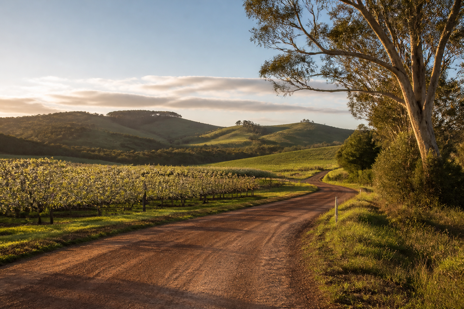 Illustrative country road and orchard landscape inspired by Donnybrook